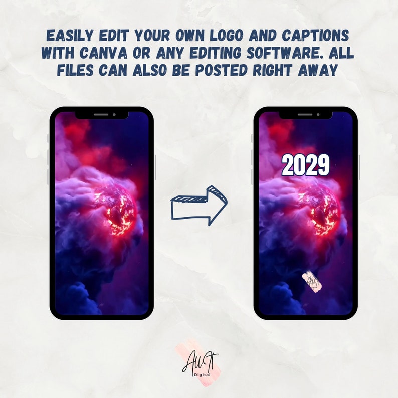 K&ouml;nnte beinhalten: Eine digitale Illustration eines Telefonbildschirms mit einem feurigen rot-violetten Nebelhintergrund. Das Jahr 2029 ist in wei&szlig;er Schrift auf dem Bildschirm geschrieben. Das Bild zeigt, wie man sein eigenes Logo und seine Bildunterschriften mit Canva oder einer anderen Bearbeitungssoftware einfach bearbeiten kann.