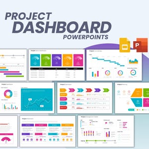 Puede incluir: Plantillas de presentación de PowerPoint con el título "PROJECT DASHBOARD POWERPOINTS". Las plantillas presentan varios gráficos y visualizaciones de datos en un diseño moderno y colorido, adecuado para negocios y gestión de proyectos.