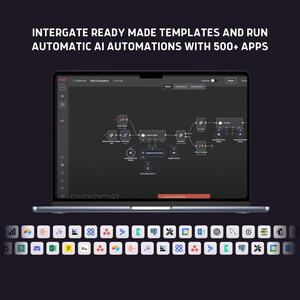 以下が含まれることがあります： 「INTERGATE READY MADE TEMPLATES AND RUN AUTOMATIC AI AUTOMATIONS WITH 500+ APPS」のテキストが表示されたワークフロー図が映し出されたラップトップ。画面には、接続されたノードのネットワークが表示されています。下には、さまざまなアプリのアイコンがあります。