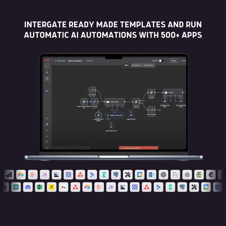 以下が含まれることがあります： 「INTERGATE READY MADE TEMPLATES AND RUN AUTOMATIC AI AUTOMATIONS WITH 500+ APPS」のテキストが表示されたワークフロー図が映し出されたラップトップ。画面には、接続されたノードのネットワークが表示されています。下には、さまざまなアプリのアイコンがあります。