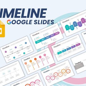 May include: A collection of Google Slides templates with the word "TIMELINE" in large, bold, navy blue letters. The templates feature various timeline designs with years and events, using colors like teal, purple, and orange. A yellow Google Slides icon is in the upper left.