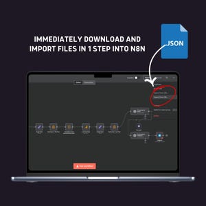 以下が含まれることがあります： ラップトップには、「IMMEDIATELY DOWNLOAD AND IMPORT FILES IN 1 STEP INTO N8N」というテキストが表示されたワークフロー図が表示されています。青いJSONファイルアイコンが右上隅にあります。「URLからインポート...」と「ファイルからインポート...」が表示されたメニュー。