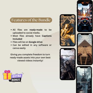 May include: A promotional image showcasing a bundle of digital assets. The image features several smartphones displaying various images, including a pharaoh, a car interior, and historical scenes. Text highlights the bundle's features, including ready-made files for social media with captions.