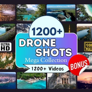May include: A collage of drone footage showcasing a variety of landscapes, including mountains, rivers, beaches, and cities. The text "1200+ Drone Shots Mega Collection 1200+ Videos Bonus" is displayed in a blue and white banner. The image also includes 4K Ultra HD and 1080 Full HD logos.