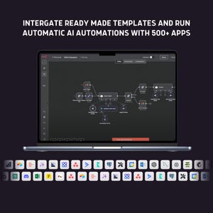 May include: A laptop displaying a workflow diagram with the text "INTERGATE READY MADE TEMPLATES AND RUN AUTOMATIC AI AUTOMATIONS WITH 500+ APPS." The laptop is open, showing a complex network of interconnected nodes and lines. Below the laptop are various app icons.