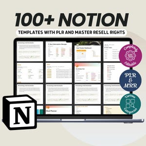 Könnte beinhalten: Ein Laptop-Bildschirm mit mehreren Notion-Vorlagen. Der Bildschirm zeigt den Text "100+ NOTION TEMPLATES WITH PLR AND MASTER RESELL RIGHTS." Zusätzlicher Text umfasst "Completely Editable", "PLR & MRR" und "Various Categories."
