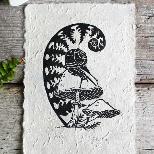 Original Lino Print - Mushroom, Snail, Fern | Limited Edition A5 Print | Linocut Forest Art | Handmade by Misprinted Mind | Wall Decor Art