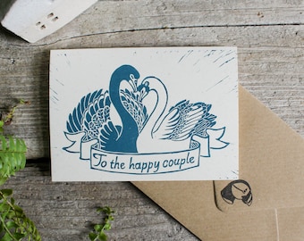 Linocut Wedding & Engagement Card - To The Happy Couple | Lino Printed Swans | Misprinted Mind Art | Wedding Gift