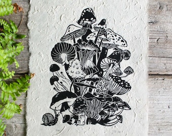 Lino print mushroom bouquet | Limited edition A4 art print | Original linocut forest design | Handmade by MisprintedMind | Wall decor art