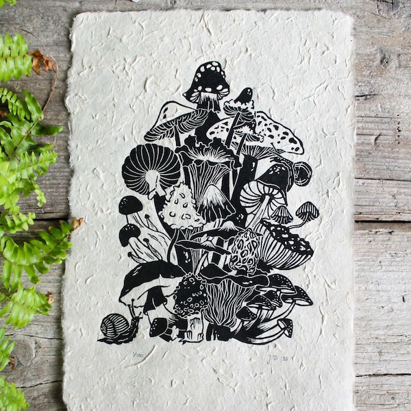 Lino Print - Mushroom Bouquet | Limited Edition A4 Art Print | Original Linocut Forest Design | Handmade by Misprinted Mind | Wall Decor Art