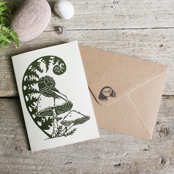 Fern and mushroom card | Forest greeting card | Digital reproduction of original linocut print | Eco-friendly and reusable card