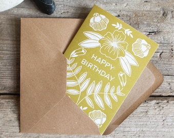 Happy birthday flower card | Floral birthday card | Botanical celebration card | Digital Linocut | Birthday gift card for garden lovers