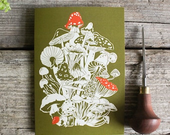 Mushroom bouquet greeting card | Digital reproduction of linocut print | Forest autumn art | Eco-friendly and reusable card | MisprintedMind