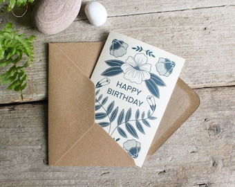 Happy birthday flower card | Blue floral birthday card | Botanical birthday card | Eco-friendly and reusable design | Birthday gift card
