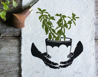 Succulent Plant in Pot Linocut Print | Original House Plant Lino Print | Limited Eddition