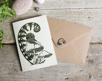 Fern and mushroom card | Forest greeting card | Digital reproduction of original linocut print | Eco-friendly and reusable card