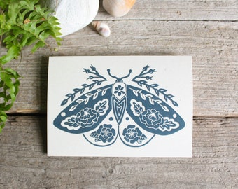 Floral moth greeting card | Moth with flower pattern card | Digital reproduction of original linocut print | Eco-friendly and reusable card