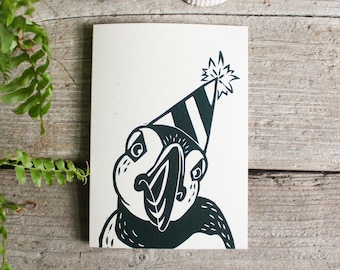 Party puffin birthday card | Digital reproduction of original linocut print | Animal with hat card | Bird gift card | Celebration card