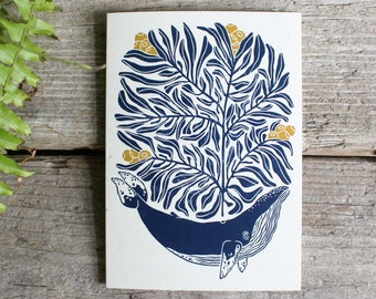 Whale greeting card | Digital reproduction of original linocut whale print | Sea animal card | Whale and seaweed art | Eco-friendly gift