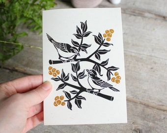 Two bird greeting card | Digital reproduction of original linocut print | Eco-friendly & reusable design | Animal art | Wildlife gift card