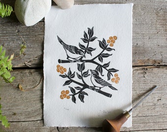 Two birds linocut print | Original lino print of two birds sitting on tree | Handmade wall art | Home decor