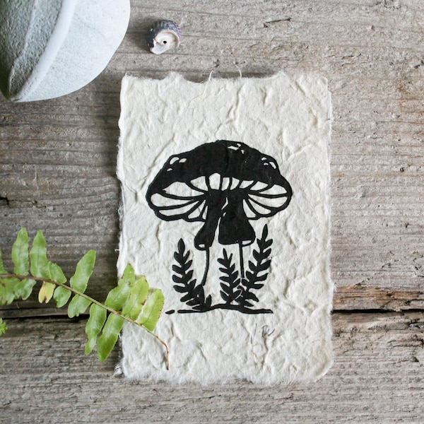 Mushroom - Mini Linocut Print | Small Original Fungus Lino Print | Handmade by Misprinted Mind | Wall Artwork | Home Decor | Birthday Gift