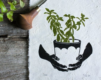 Succulent Plant in Pot Linocut Print | Original House Plant Lino Print | Limited Eddition