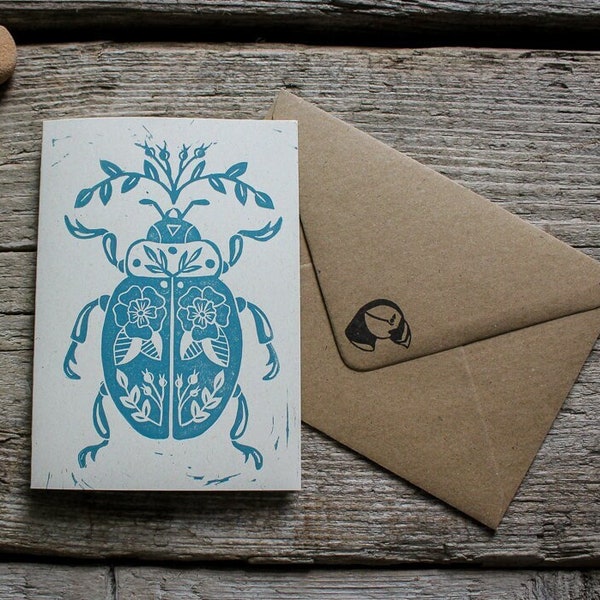 Beetle Greeting Card With Floral Design | Reusable Lino Printed Card | Original Linocut Print | Misprinted Mind Art