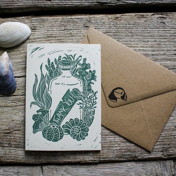 Hand Printed Linocut Thank You Card - Message In The Bottle | Original Seaweed Lino Print | Thank You Gift Card