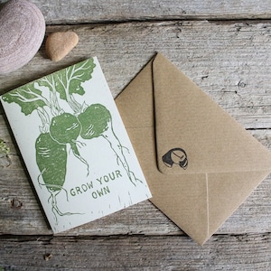"Linol gedruckte Gemüse Grußkarten - ""Grow Your Yourself"" | Original Linolschnitt Garten & Lebensmittel Druck | Wiederverwendbares Design | Handgefertigt von Misprinted Mind