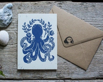 Oktopus Linoldruck Grußkarte | Design Meerestiere | Wiederverwendbare Linoldruckkarte | Original Linoldruck | Handgefertigt von Misprinted Mind