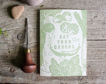 Lino Printed Vegetable Greeting Card - Eat Your Greens | Original Linocut Food And Garden Print | Reusable Card | Handmade By MisprintedMind