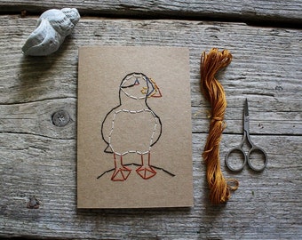 Embroidered Puffin Card | Stitched Puffin Bird Greeting Card | Recycled Paper & Reusable Design | Embroidery Art |Handmade by MisprintedMind
