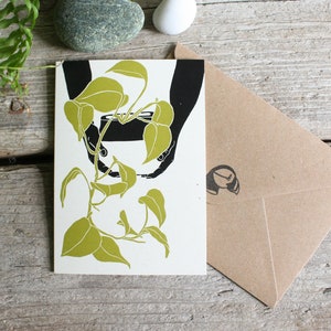 Carte de voeux suspendue pour plante d'intérieur | Conception de plantes pothos | Reproduction numérique de l'impression linogravure originale | Carte cadeau pour les amoureux des plantes