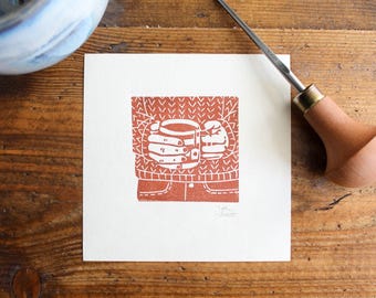 Cosy tea linocut print | Handmade mini lino print | Print for tea lovers | MisprintedMind art