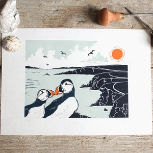 Puffins on a cliff linocut print | Handmade multicoloured lino print | Original seabirds of Ireland relief print | MisprintedMind art