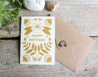 Happy birthday flower card | Yellow floral birthday card | Botanical celebration card | Eco-friendly & reusable design | Birthday gift card