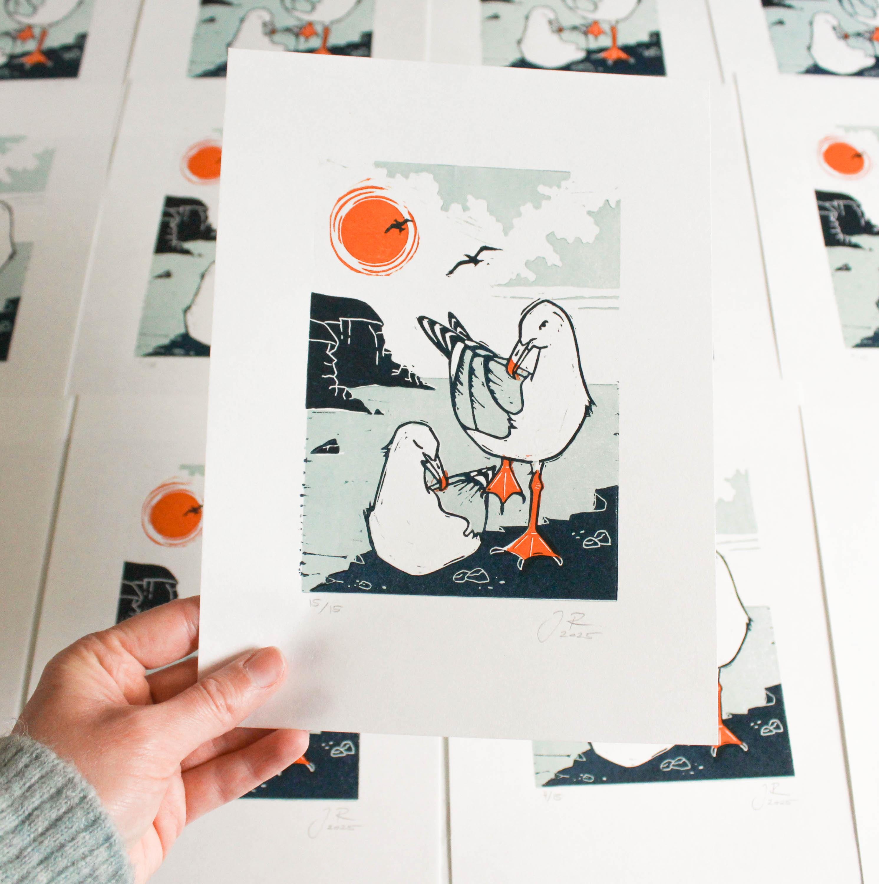 Seagulls on cliffs linocut print | Handprinted multicoloured coastal block print | Original Irish seabirds relief print |MisprintedMind art
