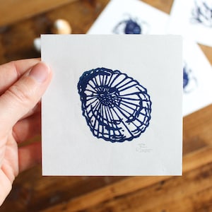 Blue shell linocut print | Hand carved and hand printed mini artwork | Small original lino print | MisprintedMind art