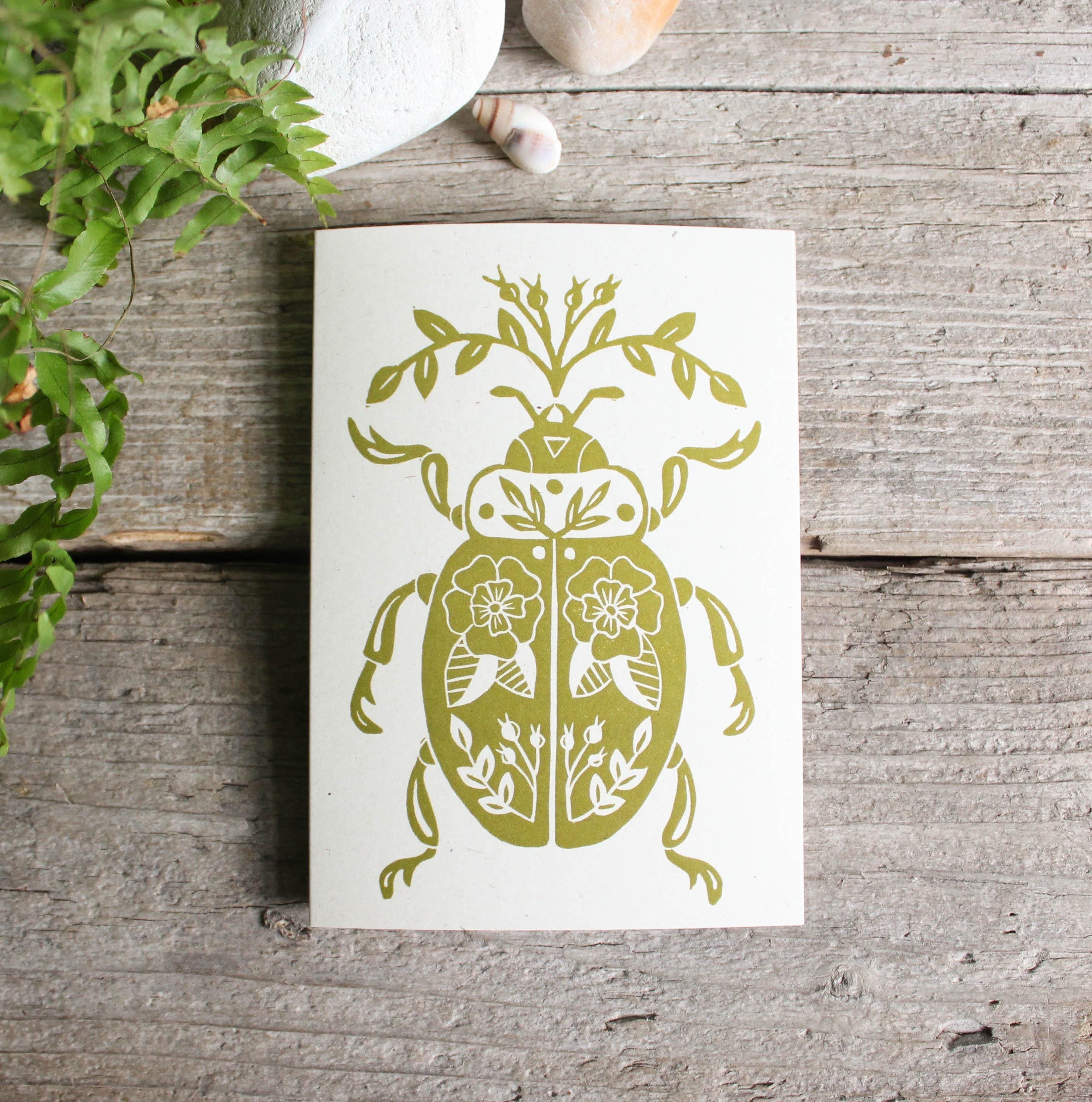 Floral beetle greeting card | Beetle with flower pattern card | Digital reproduction of linocut print | Green beetle design | MisprintedMind