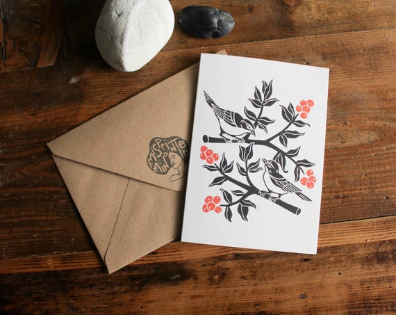 Two birds with berries greeting card | Digital reproduction of original linocut print | Eco-friendly & reusable design | Animal art