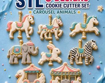 Carousel Cookie Cutter STL Set, 8 Merry Go Round Animal Cutter and Stamp Designs