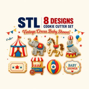 Peut inclure: Un ensemble d'emporte-pièces STL comprenant 8 motifs sur le thème d'une fête prénatale de cirque vintage. Le set inclut des formes de chapiteau, éléphant, cheval de manège, phoque, ticket, chariot à pop-corn, ballon et plaque baby shower.