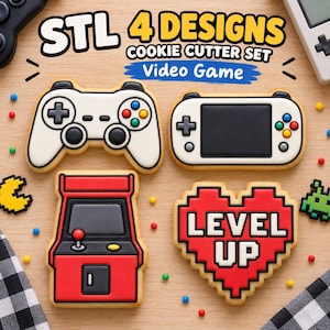 May include: A set of four video game themed cookies featuring a white game controller, a white handheld console, a red arcade machine, and a red pixelated heart with the text LEVEL UP. The cookies are decorated with smooth icing.