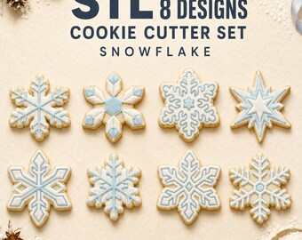 Snowflake Cookie Cutter STL Set, 8 Winter Crystal Cutter and Stamp Designs