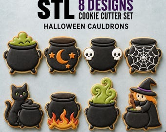 Cauldron Cookie Cutter STL Set, 8 Witch Brew Halloween Cutter and Stamp Designs, 3D Print Files