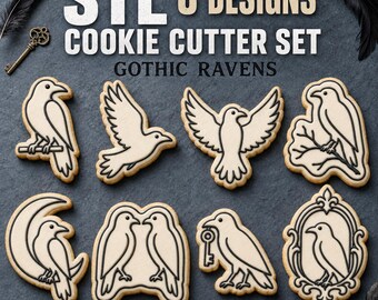 Raven Cookie Cutter STL Set, 8 Gothic Halloween Bird Cutter and Stamp Designs, 3D Print Files
