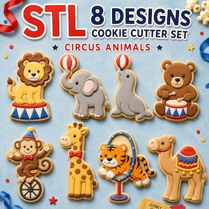 Op de afbeelding: Een set van 8 uitsteekvormpjes met circusdieren, waaronder een leeuw, een olifant met een bal, een zeehond met een bal, een beer met een trommel, een aap op een eenwieler, een giraf, een tijger in een hoepel en een kameel.