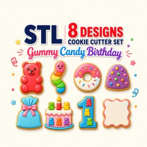 Może przedstawiać: Cyfrowy zestaw 8 foremek do ciastek z napisem STL 8 DESIGNS COOKIE CUTTER SET Gummy Candy Birthday. Zestaw zawiera kształty czerwonego żelkowego misia, tęczowego robaka, pączka, fioletowego żelka, niebieskiej torebki prezentowej, tortu, cyfry 1 i tabliczki.