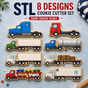 May include: A set of 8 cookie cutters shaped like semi-trucks, including a blue cab, red cab, green truck with trailer, blue tanker truck, white truck with trailer, flatbed truck with cargo, red car hauler, and a white refrigerated truck.